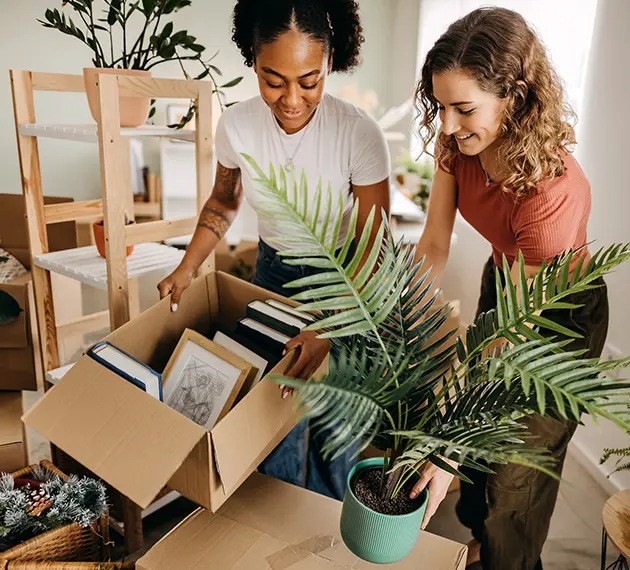 Two women carrying a moving box and a plant.